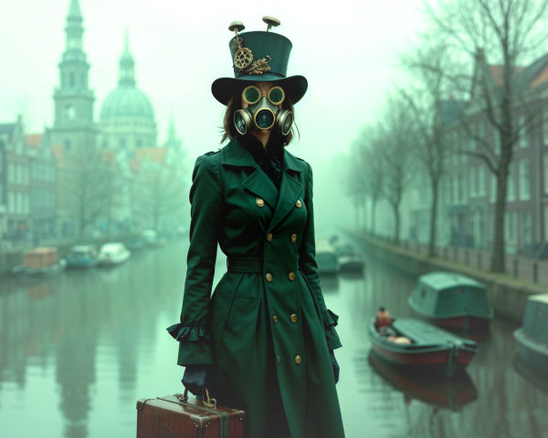 Steampunk Figure in Foggy Canal Setting with Suitcase