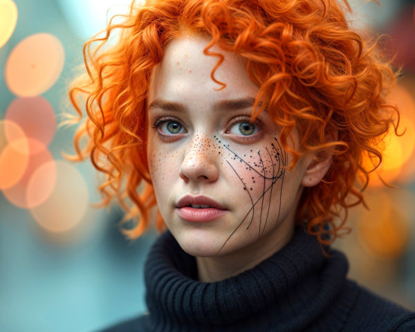 Young person with orange hair and intricate face patterns