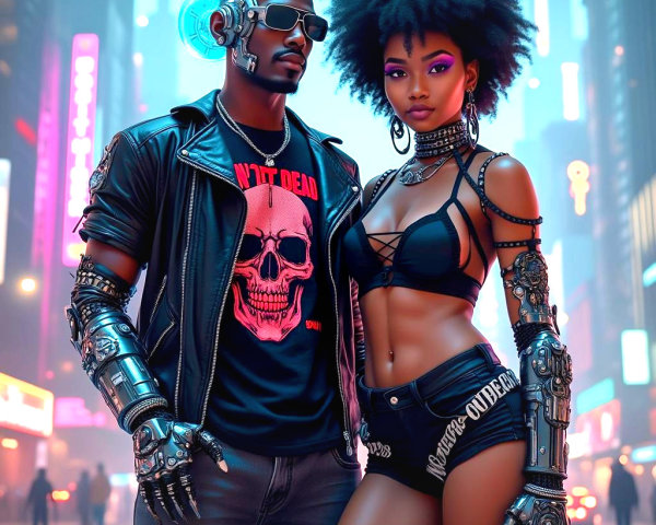 Stylish Couple in a Vibrant Cyberpunk Setting