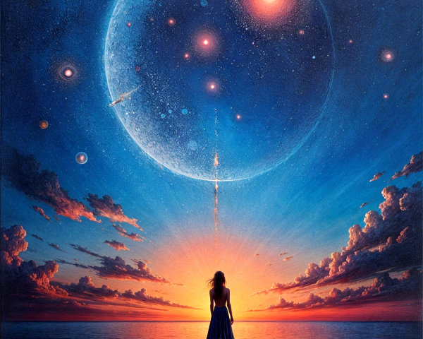 Serene Landscape of Sea and Colorful Space Elements