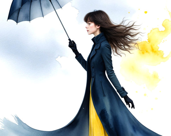 Woman with Umbrella in Stylish Outfit and Watercolor Background