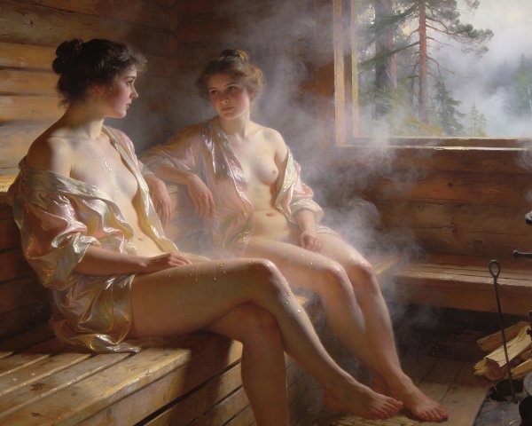 Young Women in Foggy Sauna with Misty Forest View