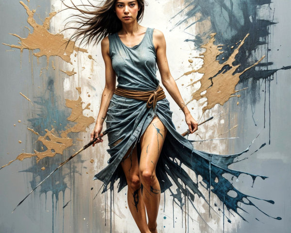 Dynamic Woman in Blue Dress with Abstract Background