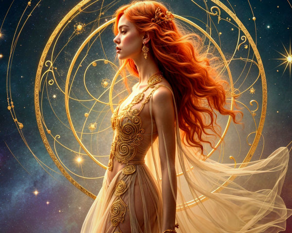 Woman in golden gown against cosmic starry backdrop