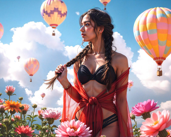 Woman in Flower Field with Hot Air Balloons