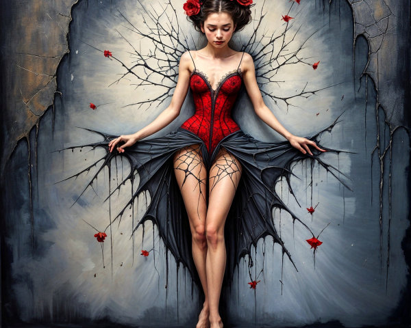 Woman in Red Corset with Dark Wings and Roses