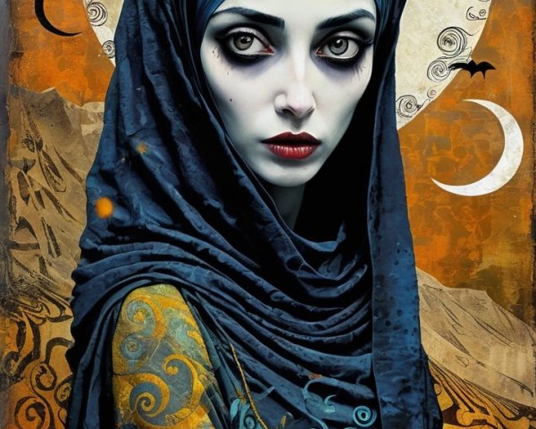 Mystical Woman in Blue with Orange Background Elements