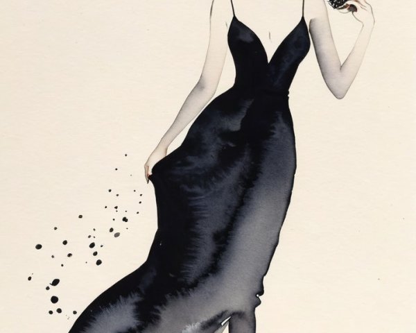 Elegant Woman in Black Dress with Flower and Ink