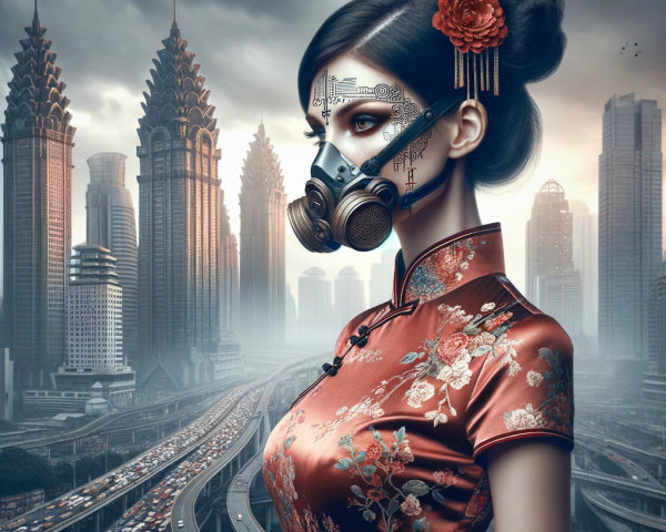 Futuristic Urban Scene with Woman in Cheongsam and Gas Mask