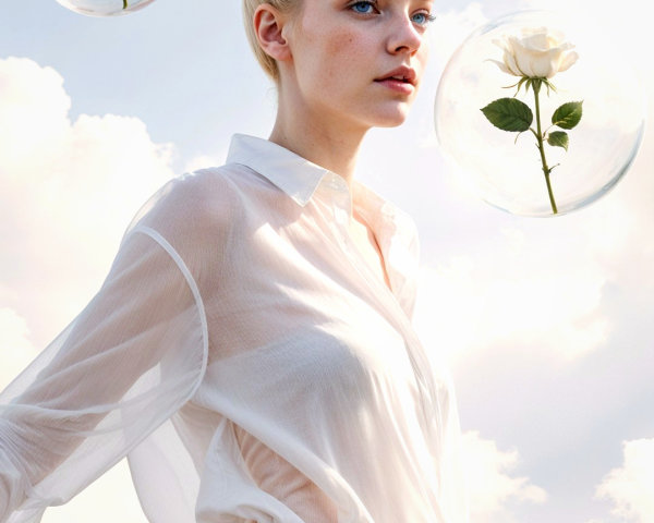 Serene figure in white blouse with floating bubbles and roses