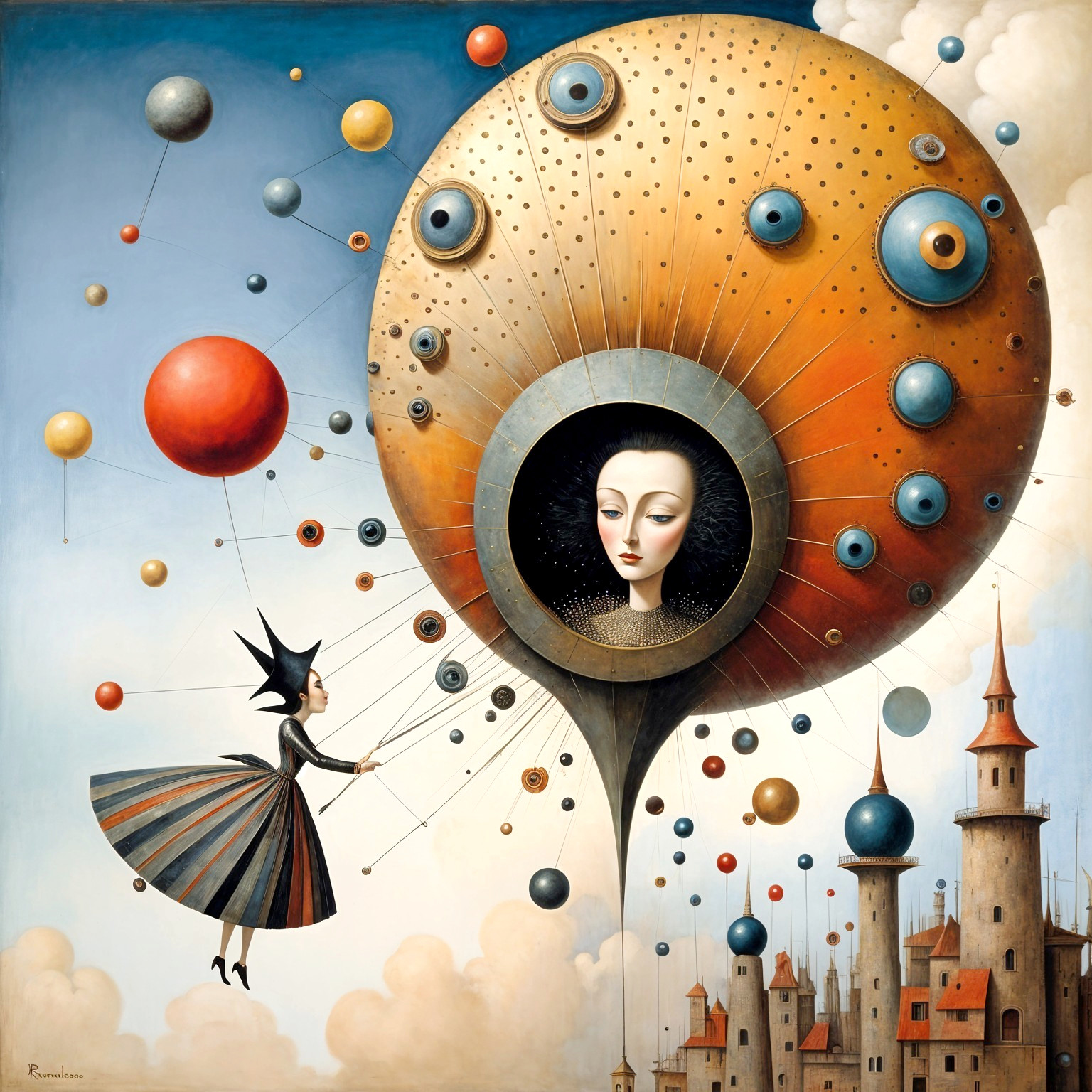 Whimsical woman controlling colorful orbs in fantasy scene
