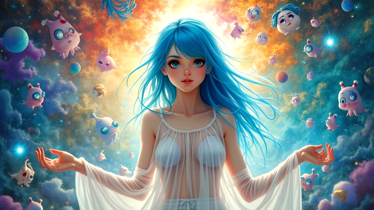 Mystical Woman in Cosmic Setting with Colorful Planets
