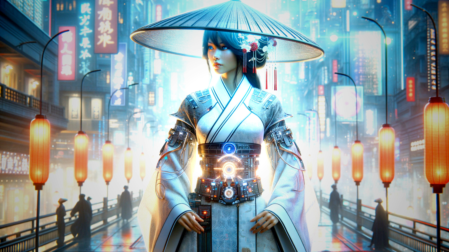 Futuristic woman in traditional attire in neon cityscape