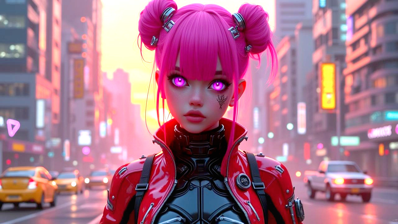 Futuristic Character in Neon-Lit Cyberpunk Cityscape