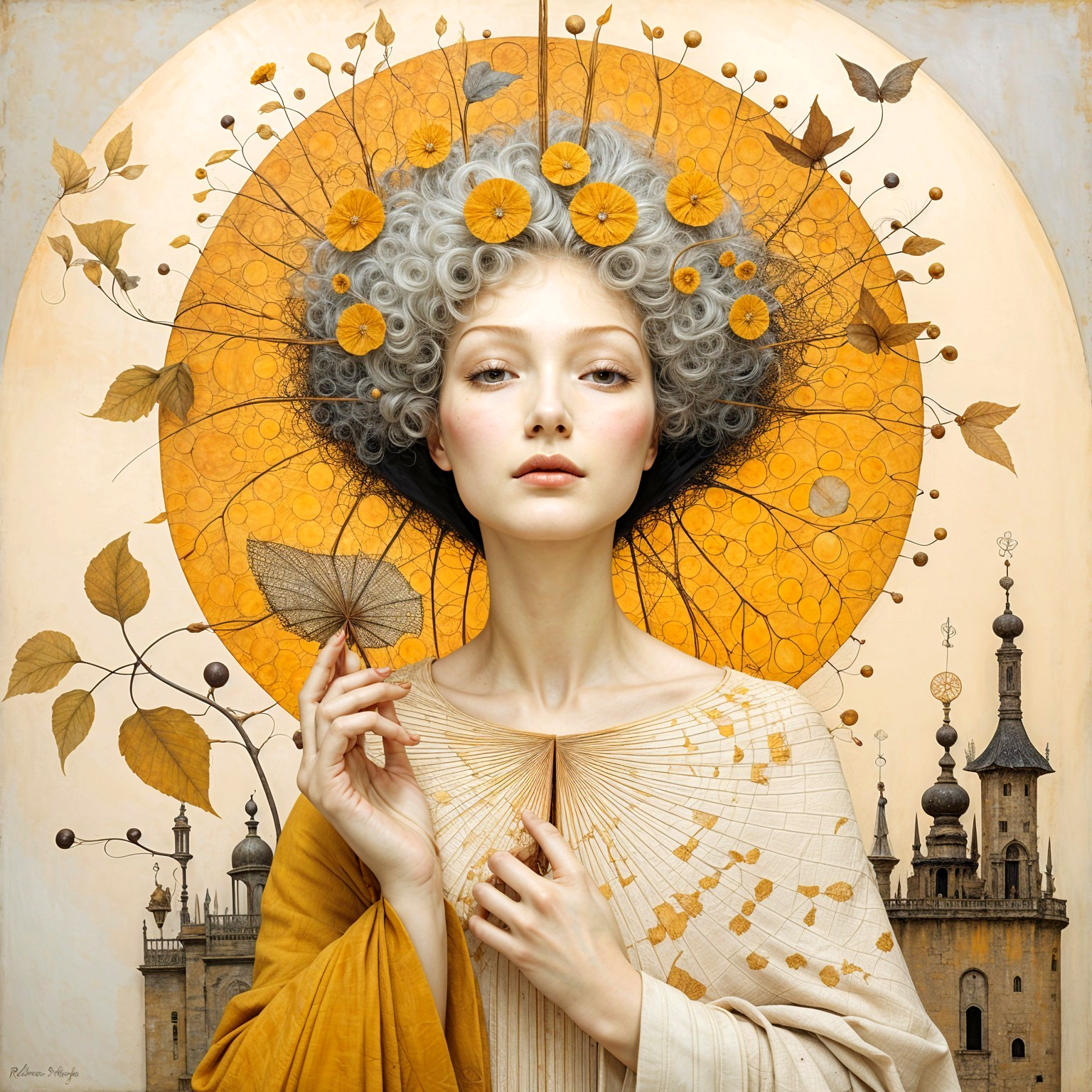 Serene figure with grey curls and yellow flowers