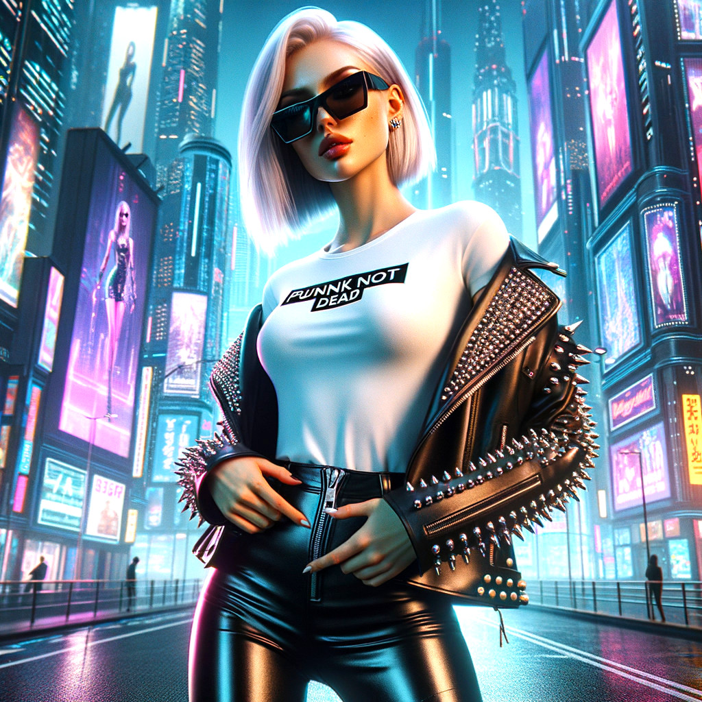Futuristic cityscape with neon lights and bold fashion