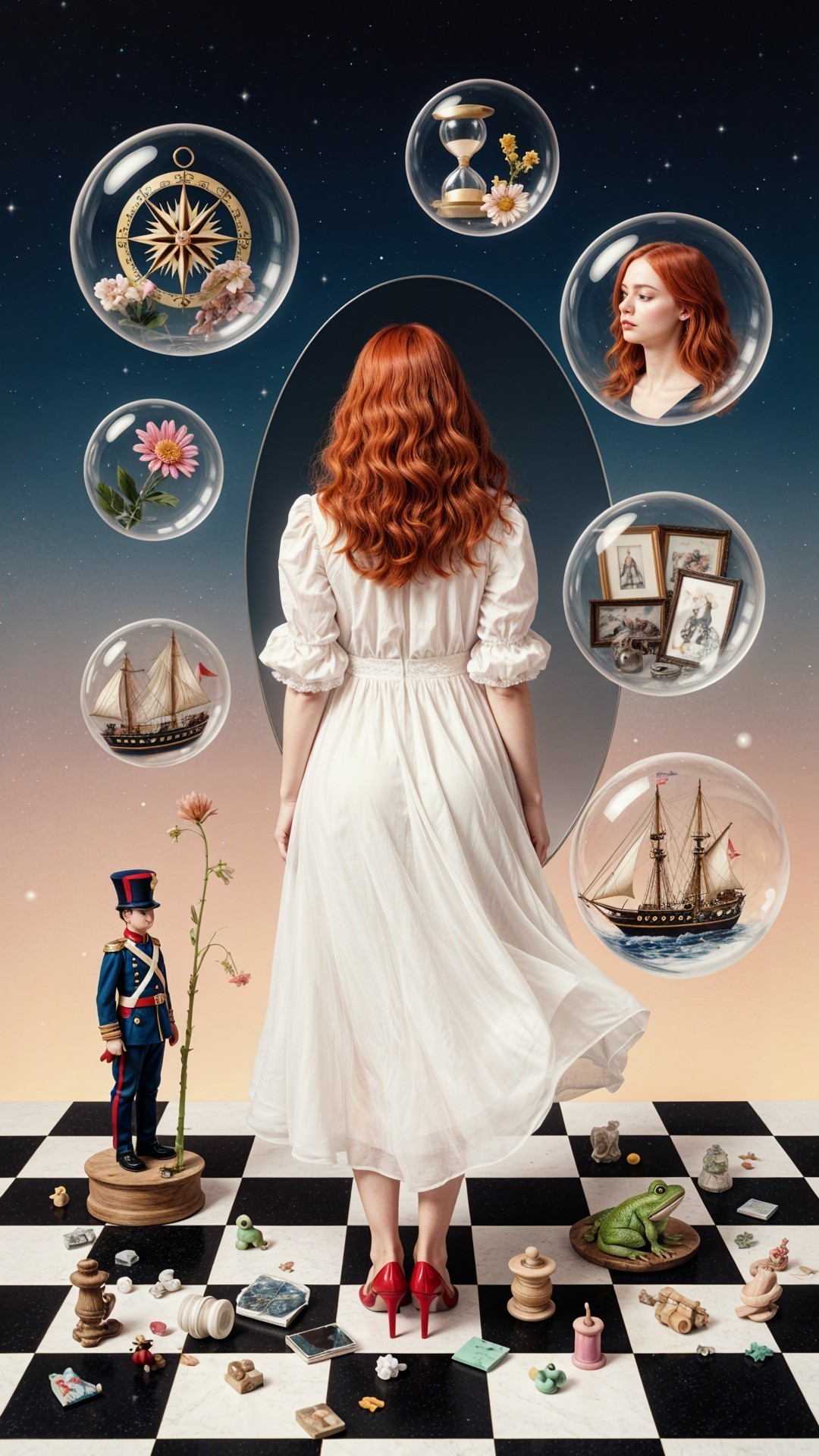 Woman in White Dress Surrounded by Nostalgic Bubbles