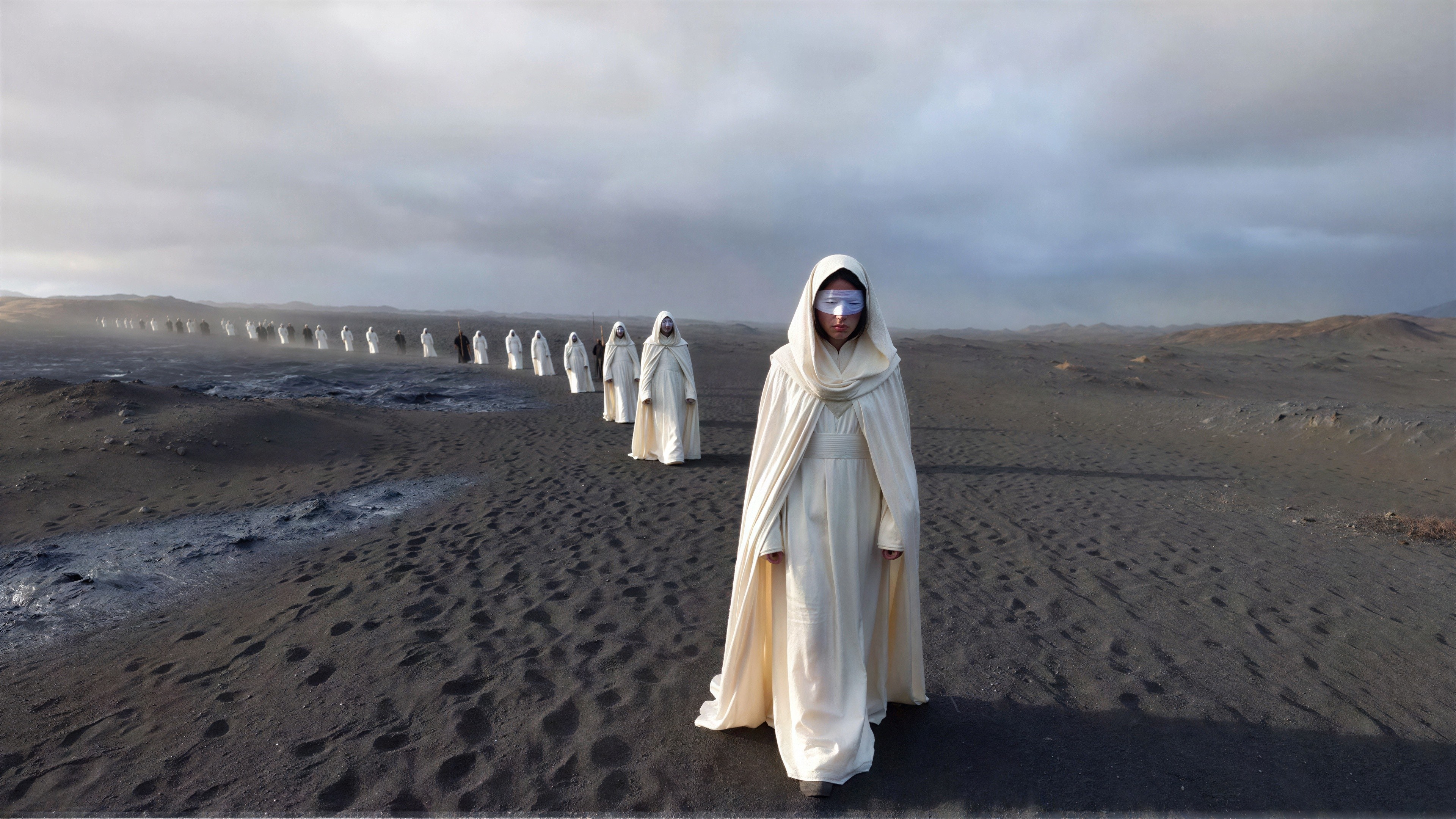 Figures in White Robes on Dark Desolate Landscape