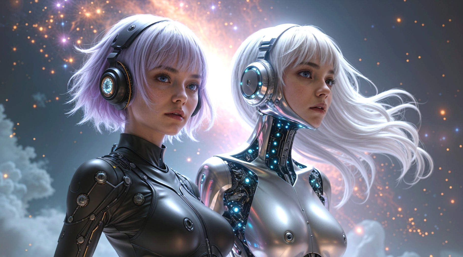 Futuristic Humanoid Figures in Sci-Fi Setting