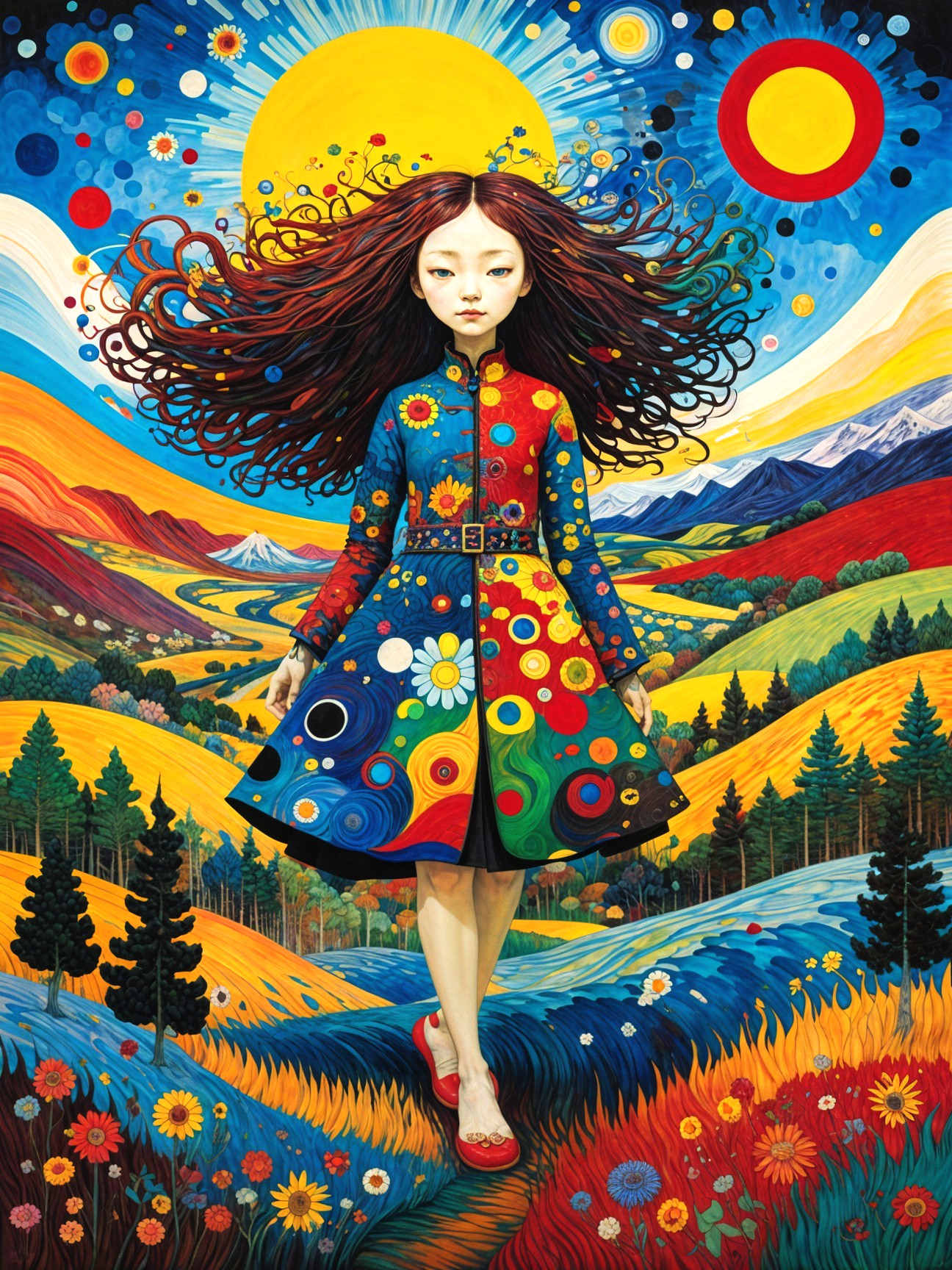 Vibrant Illustration of a Girl in Nature's Embrace
