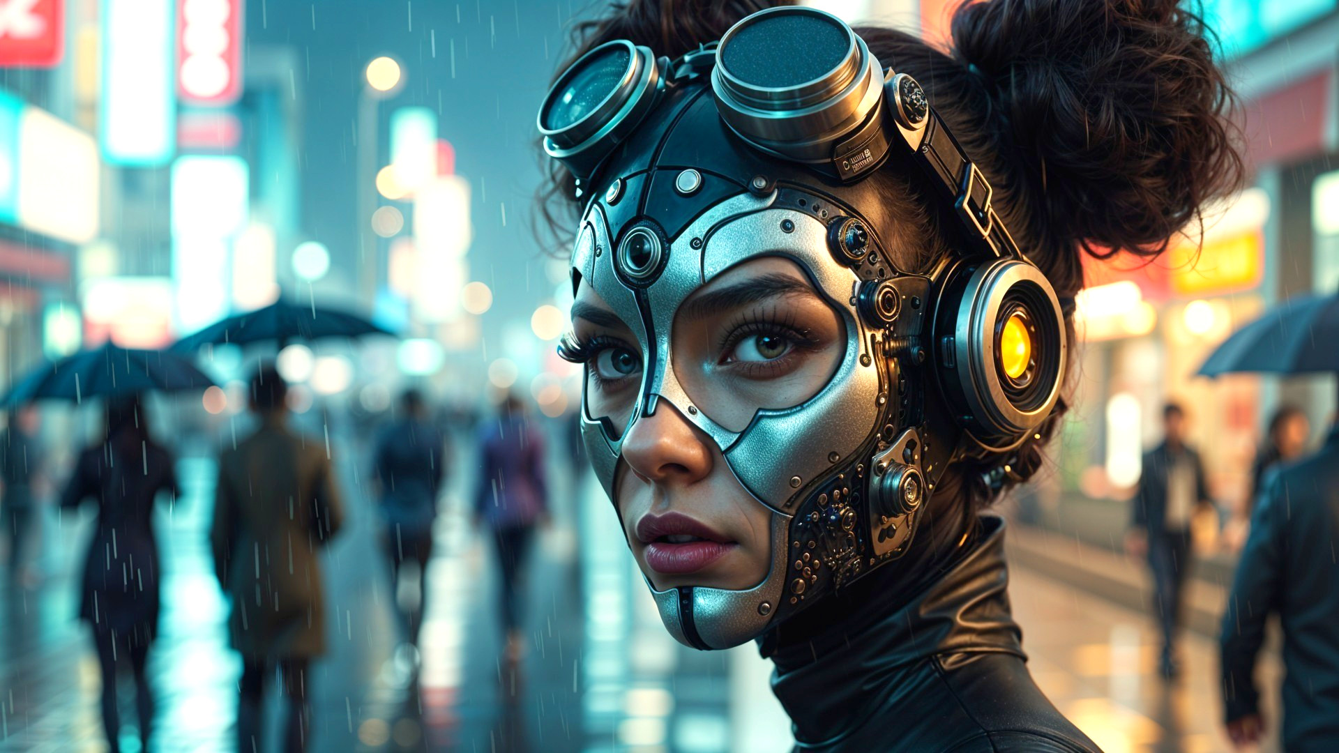 Futuristic Cybernetic Woman in Neon Cityscape