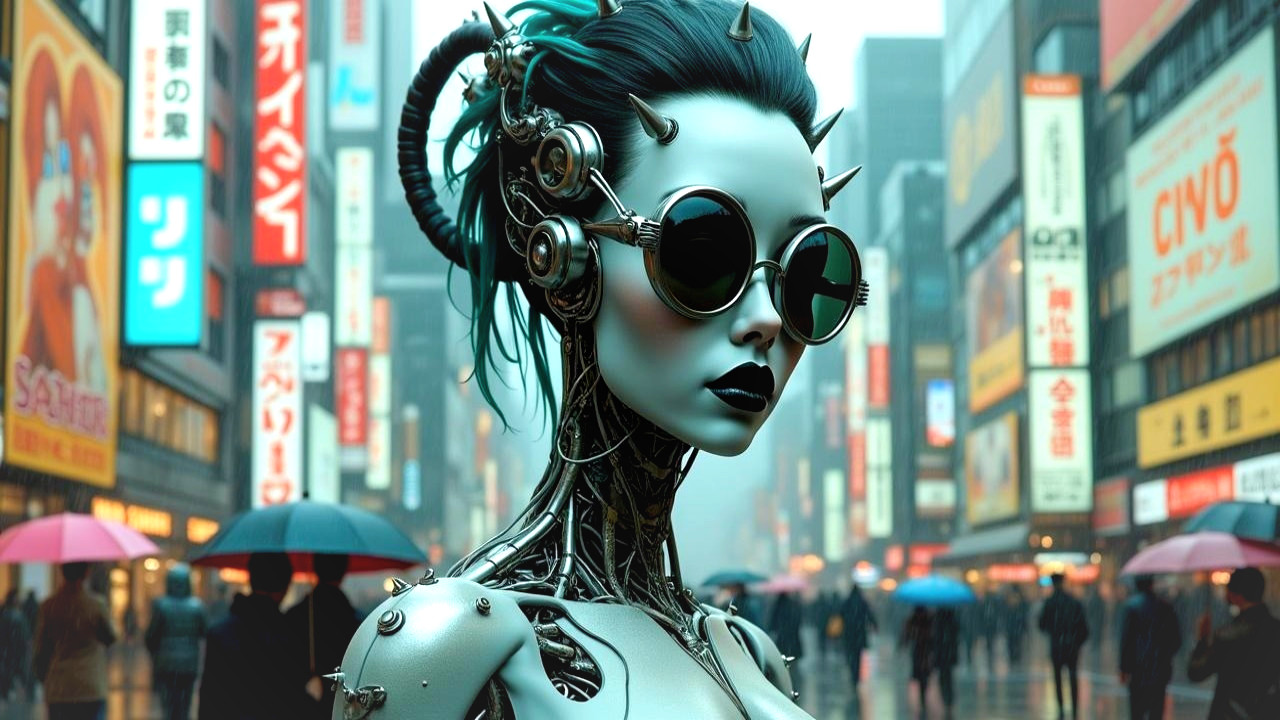 Futuristic Cyborg in a Neon Urban Environment