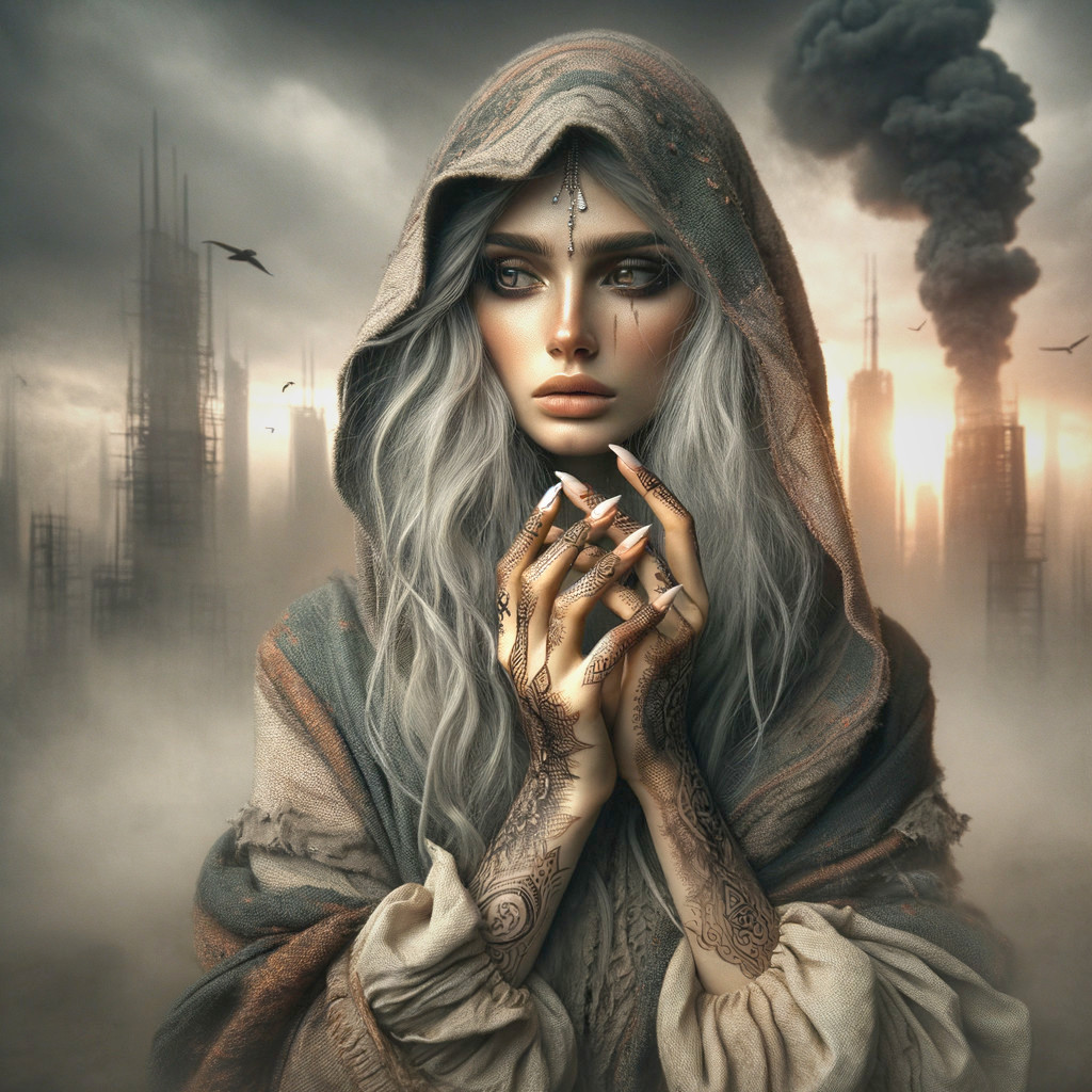 Mystical figure in hooded cloak against dystopian skyline