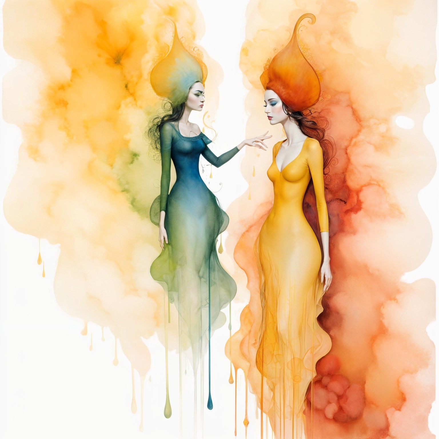 Ethereal Women in Vibrant Dresses and Dreamlike Background