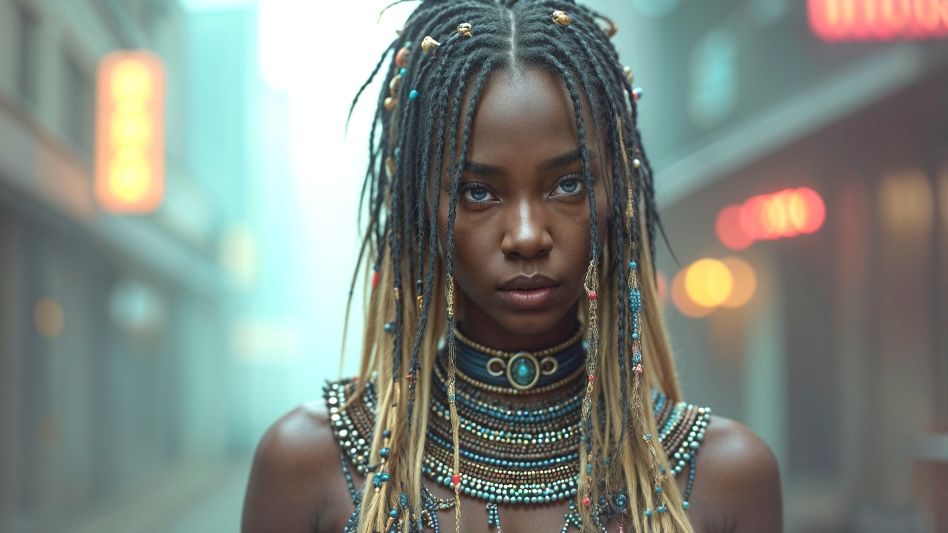 Young Woman with Braided Hair in Urban Mist Setting