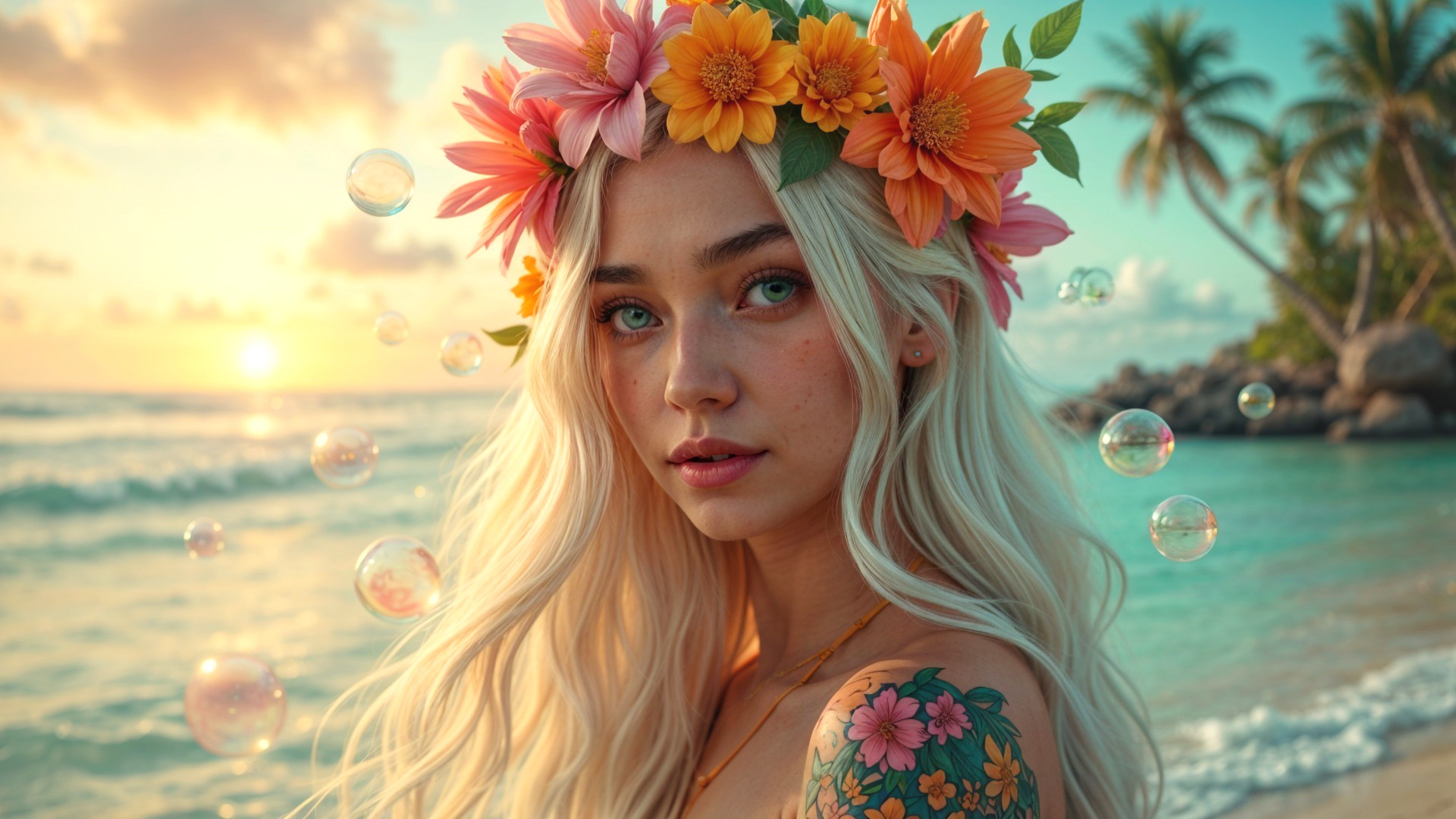 Woman with Flower Crown at Sunset Beach