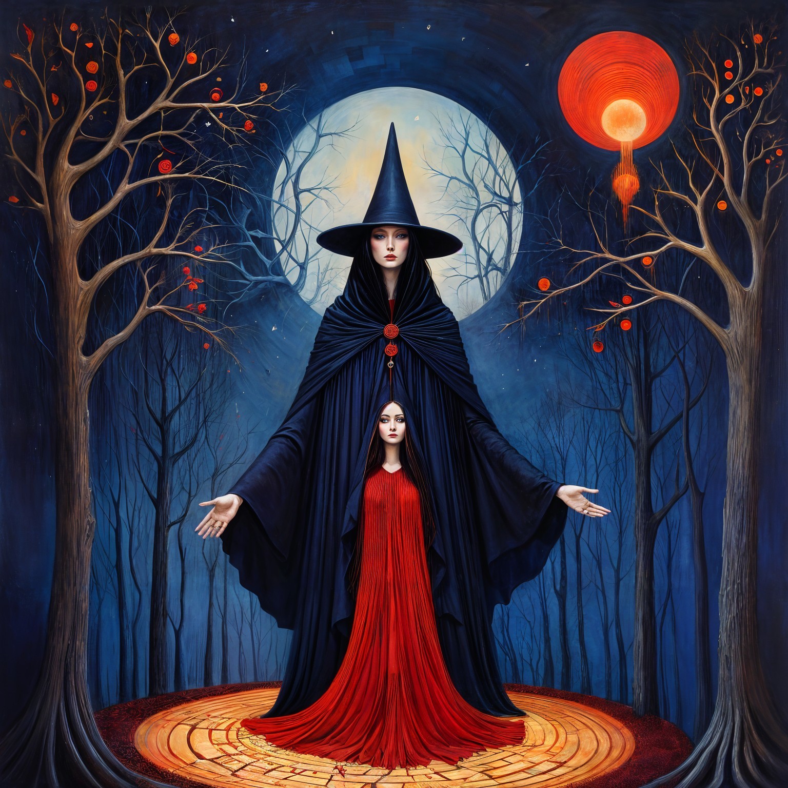 Mystical Scene of Witch and Red-Gowned Figure