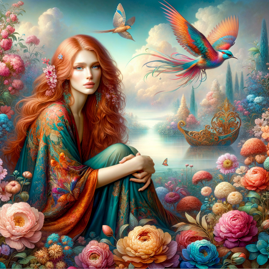 Young Woman in Colorful Flower Landscape with Phoenix