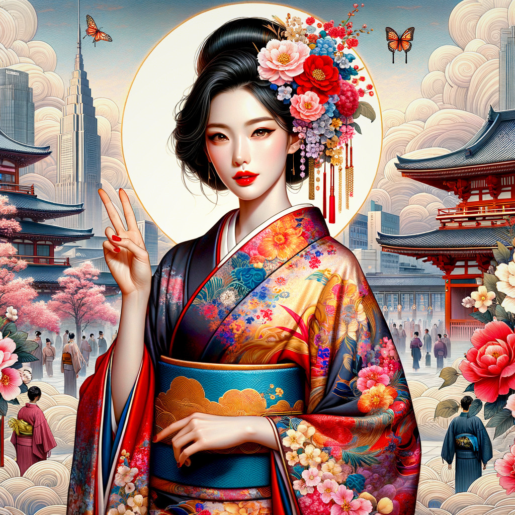 Illustration of a woman in floral kimono with architecture