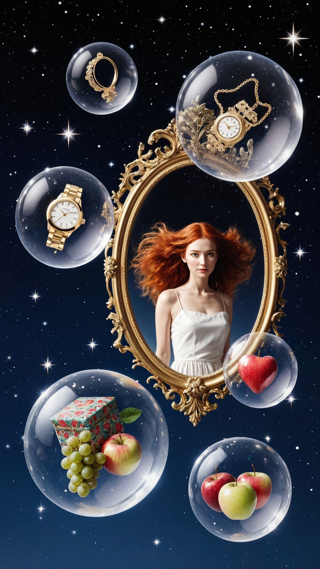 Woman with Red Hair in Vintage Mirror and Bubbles