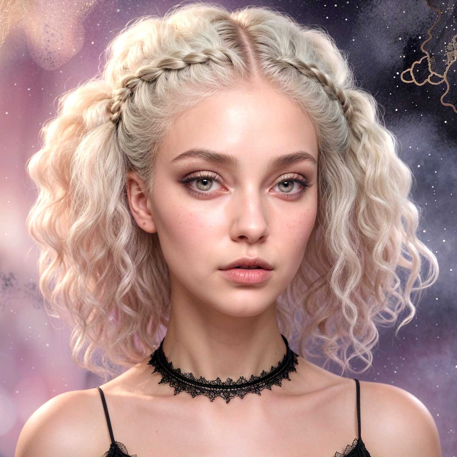 Portrait of a woman with curly platinum-blonde hair