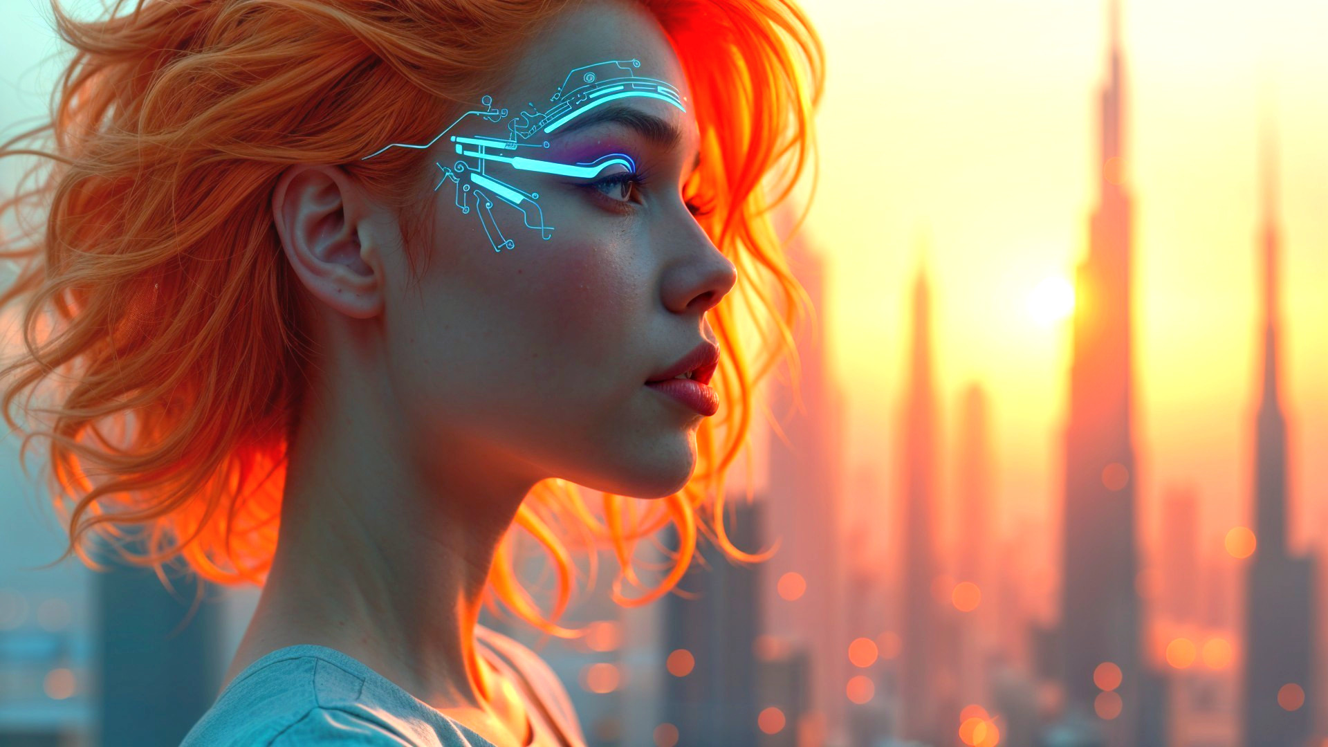 Futuristic Woman with Cybernetic Markings at Sunset