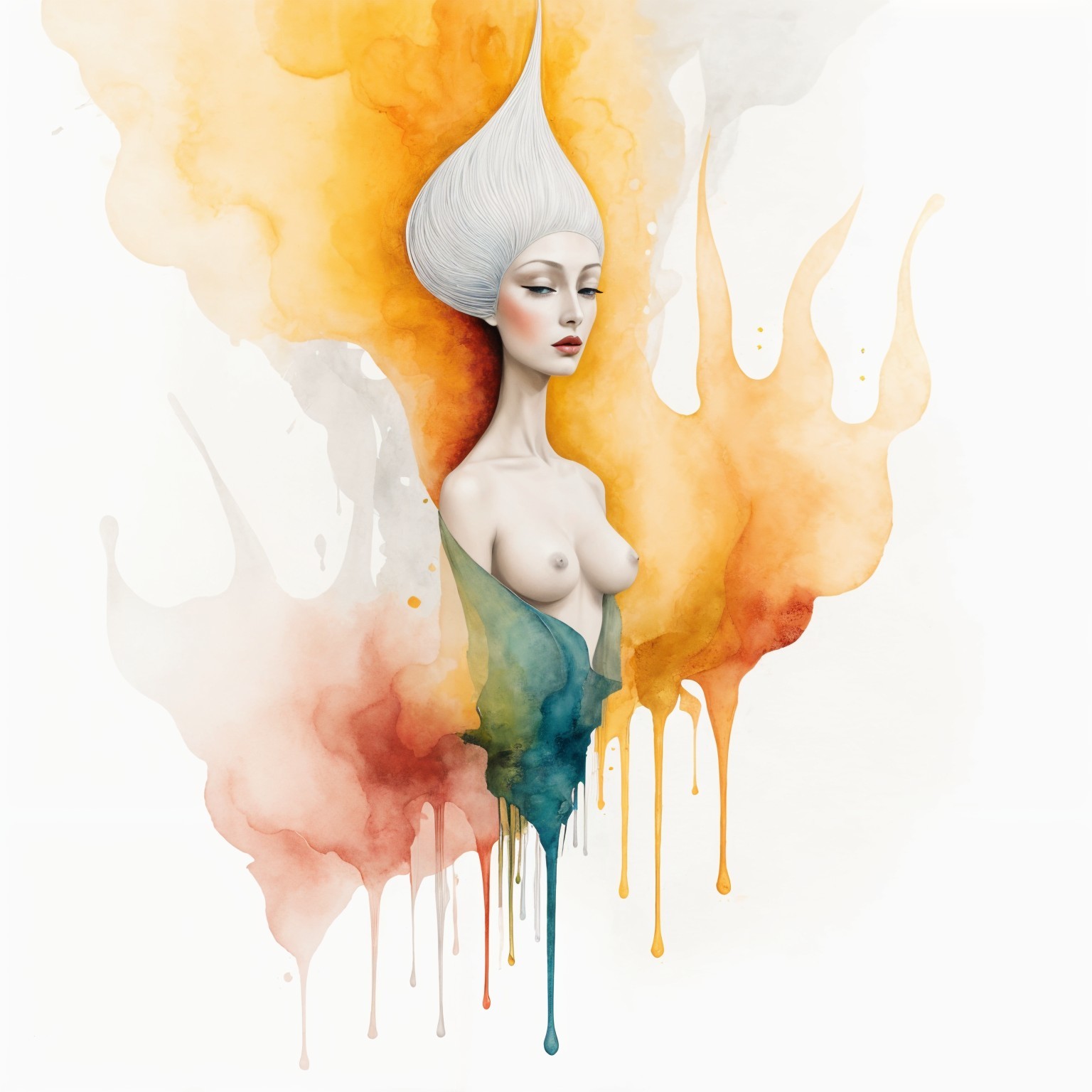Surreal Woman with White Hair in Vibrant Watercolors