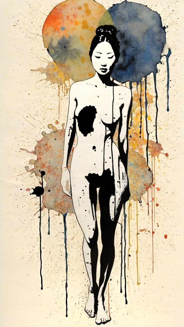 Stylized Female Figure in Bold Ink and Watercolor