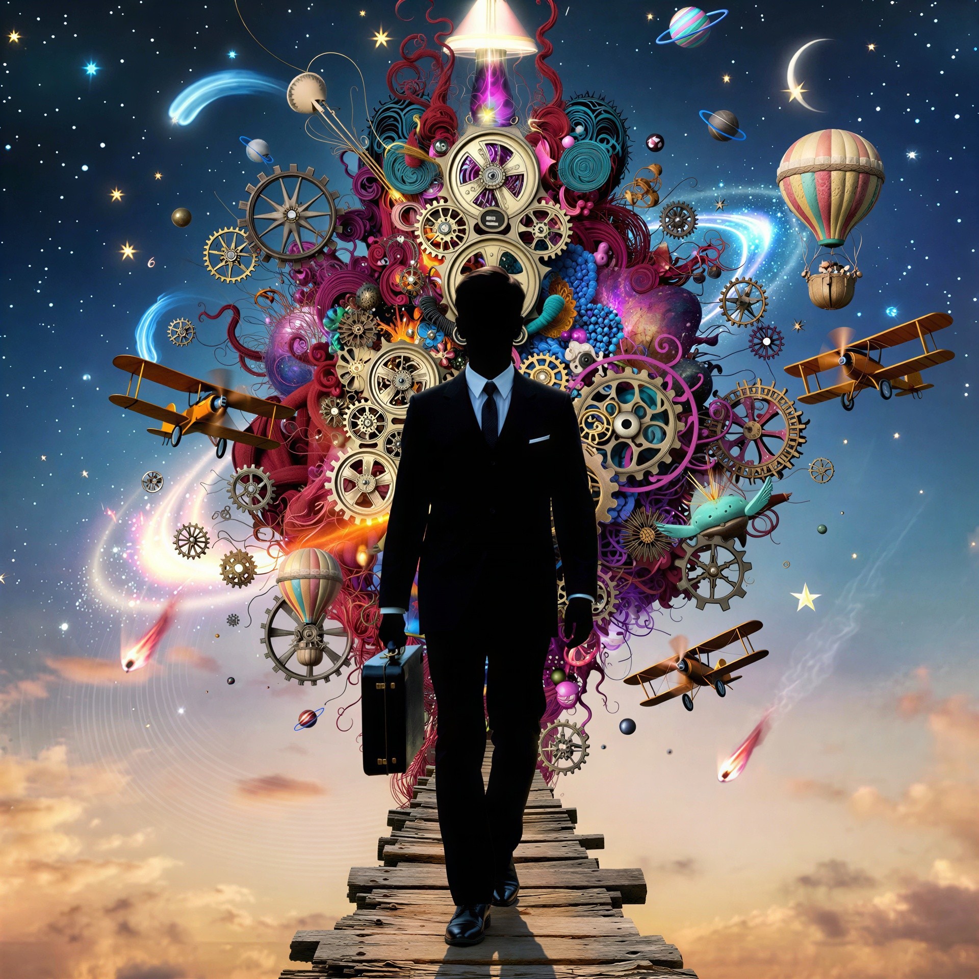 Surreal Artwork of Silhouetted Man on Wooden Bridge