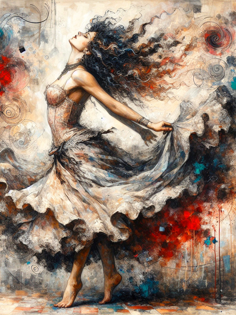 Joyful Dance with Vibrant Colors and Abstract Patterns