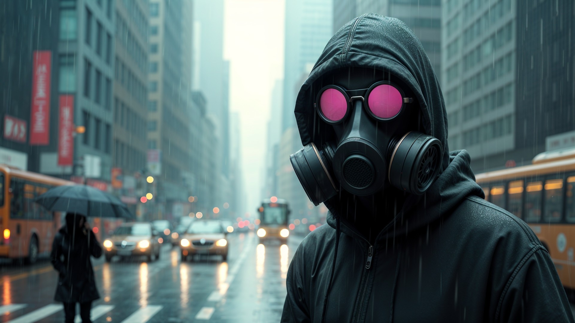 Urban Figure in Black Hoodie and Gas Mask in Rain