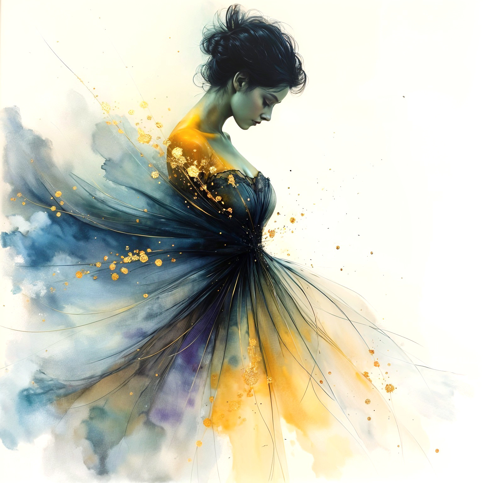 Elegant Woman in Flowing Blue and Gold Dress