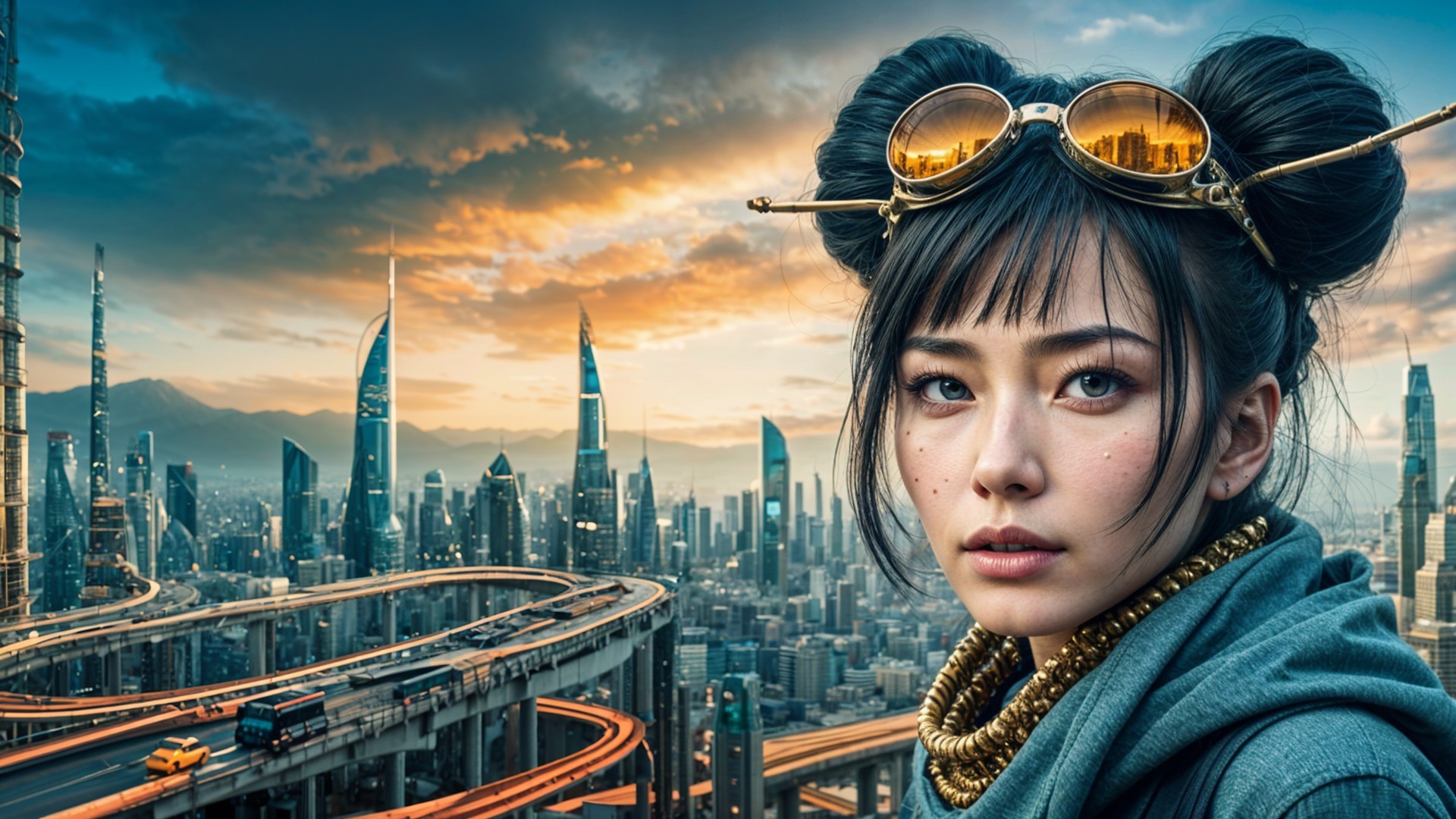 Young Woman in Urban Fashion Against Futuristic Skyline