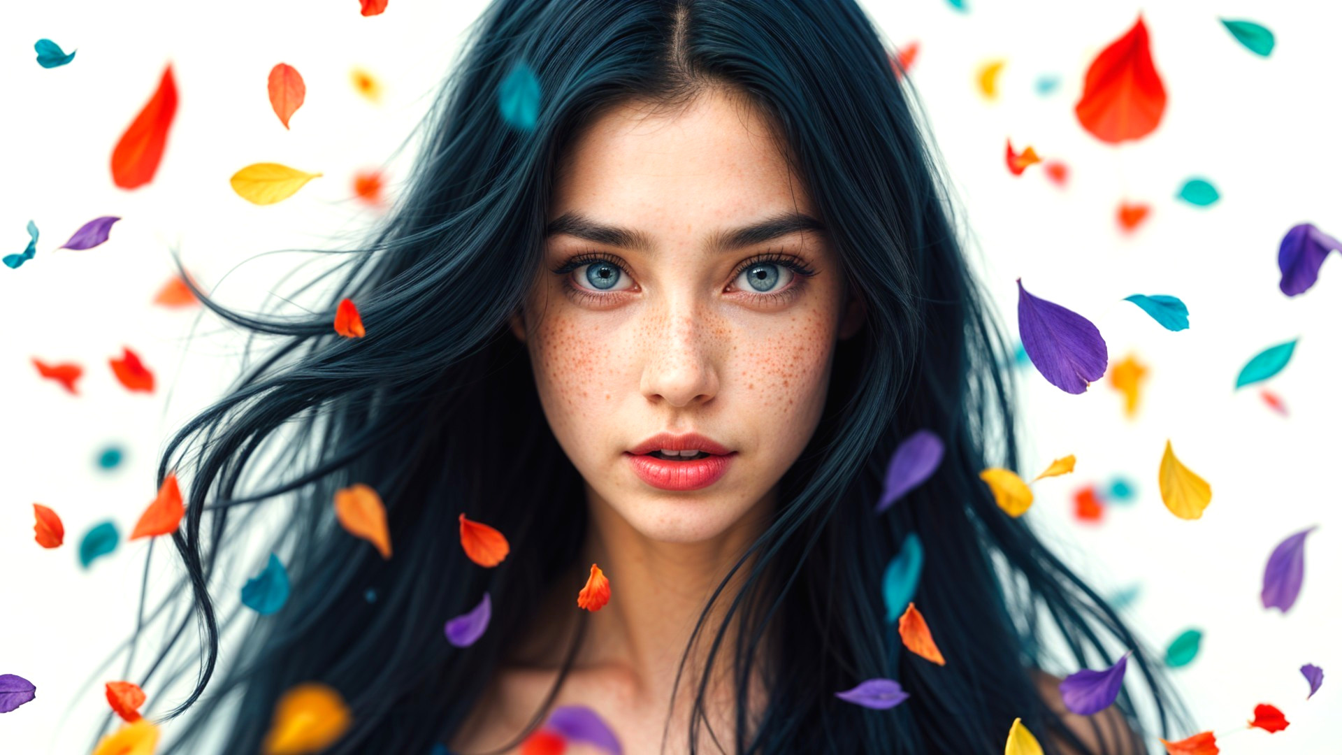 Young woman with black hair and colorful petals