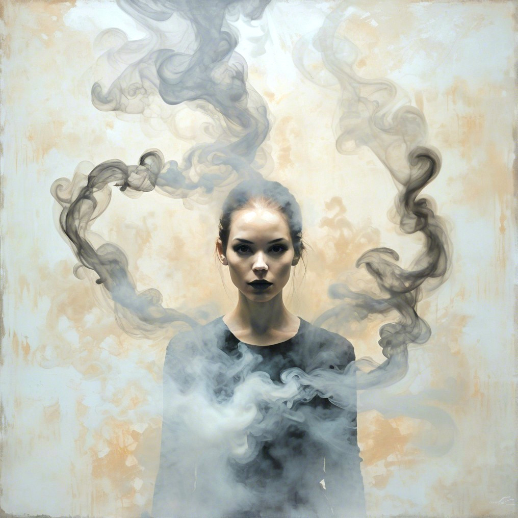 Woman in smoke with serious expression and muted background