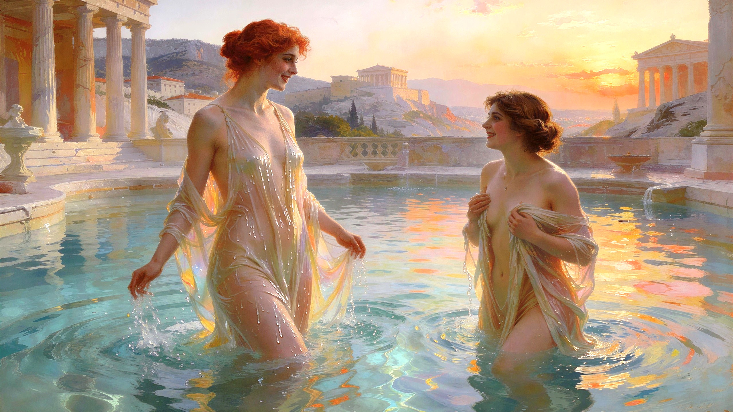 Red-haired women in a Greek setting at sunset
