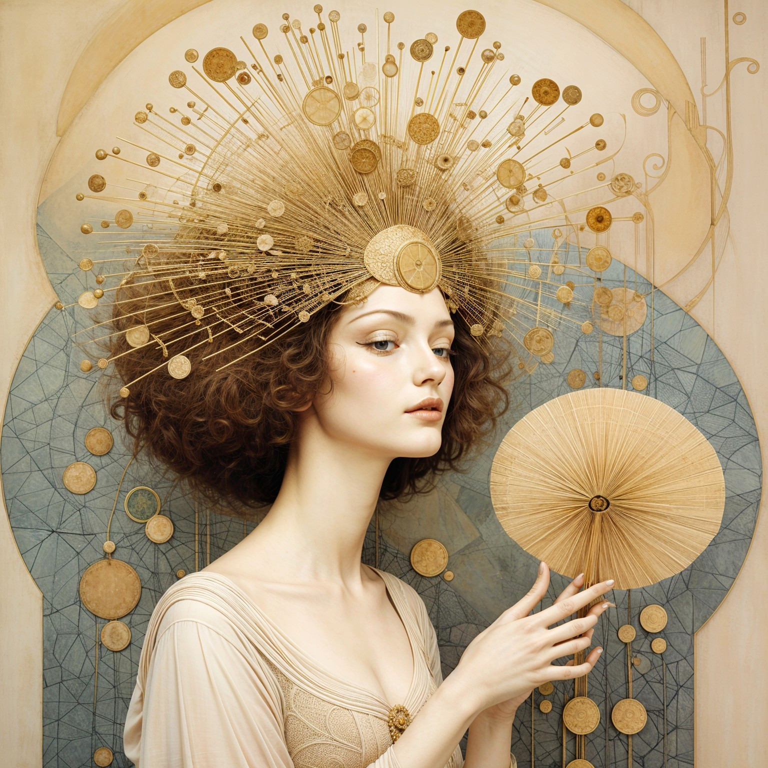 Serene Woman with Curly Hair and Golden Halo