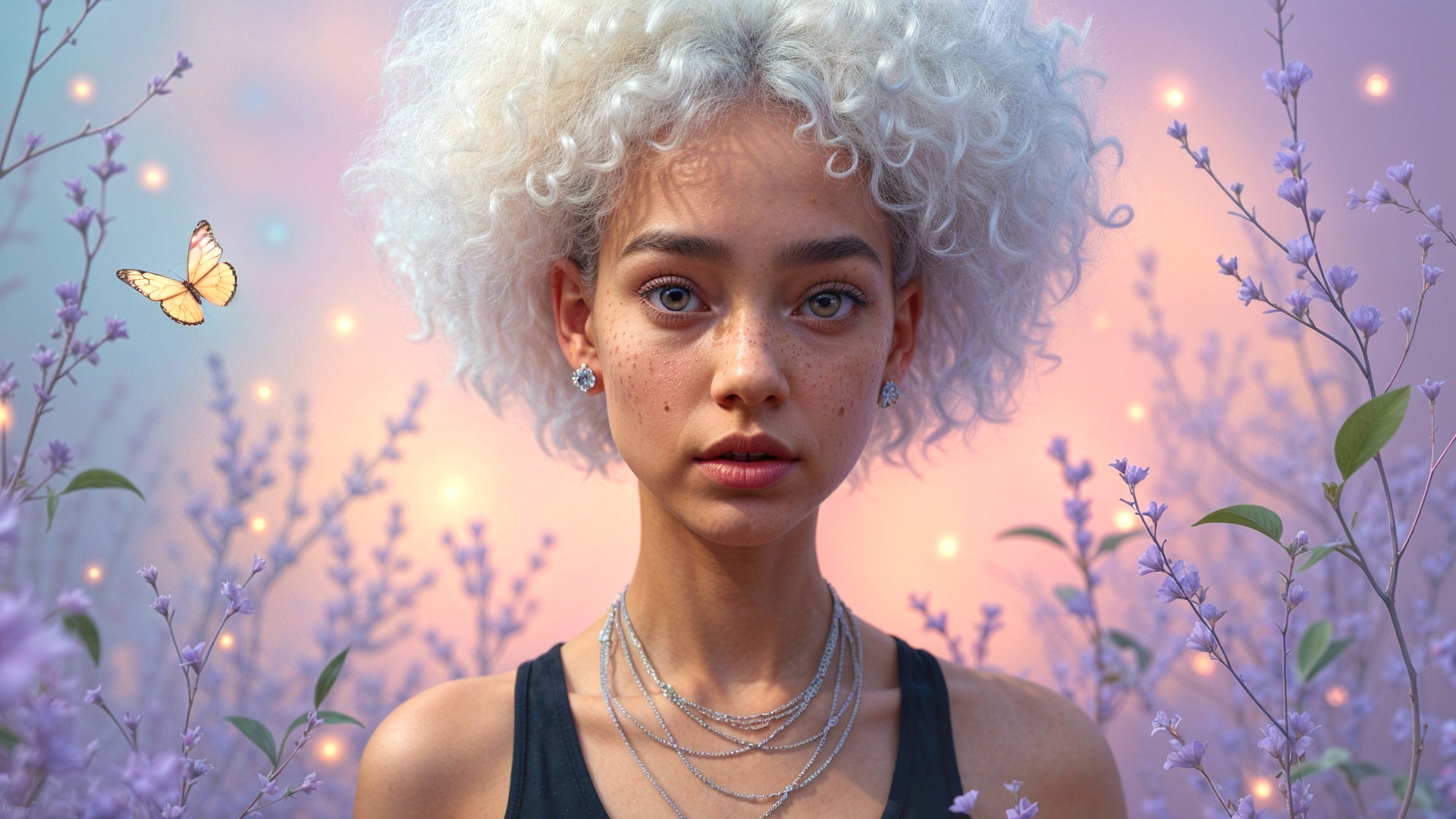 Young Woman with Curly Blonde Hair Among Lavender Flowers