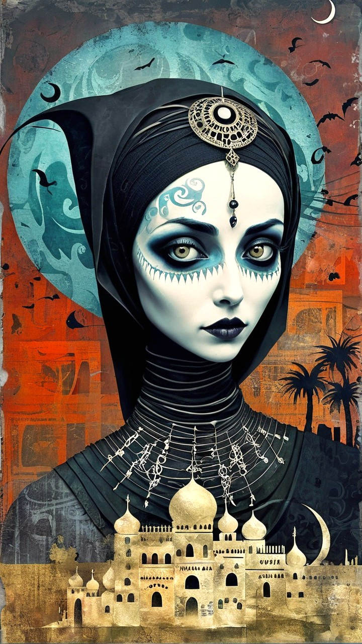 Portrait of a woman with intricate patterns and jewelry