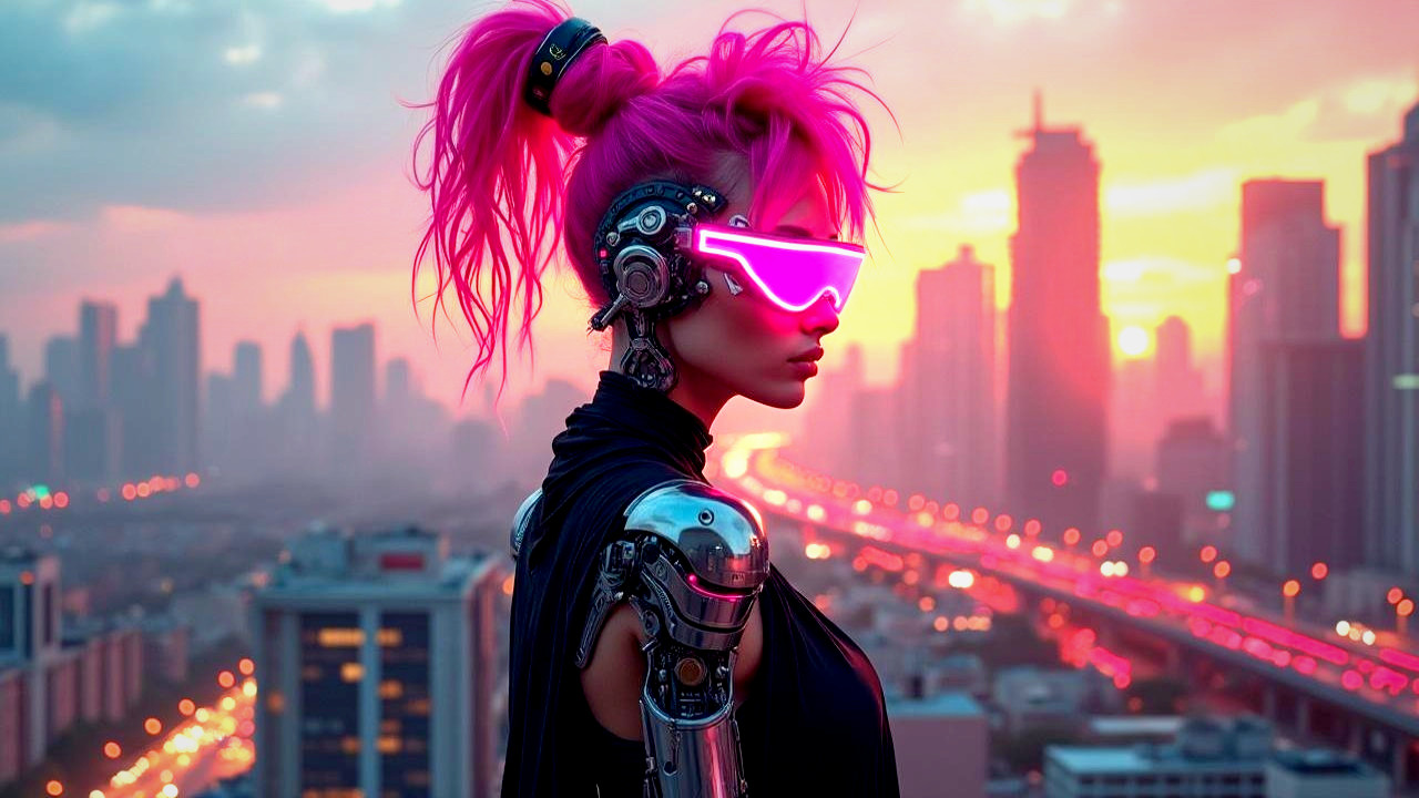 Futuristic figure with cybernetic enhancements at sunset